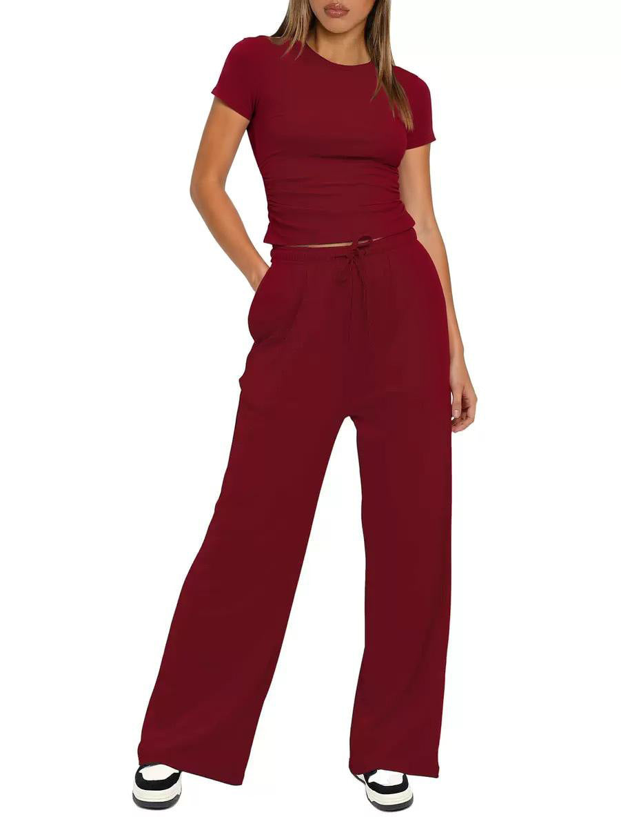 2024 european and american amazon new arrival: solid color casual set - ruched short sleeve top & high-waisted wide leg pants tracksuit