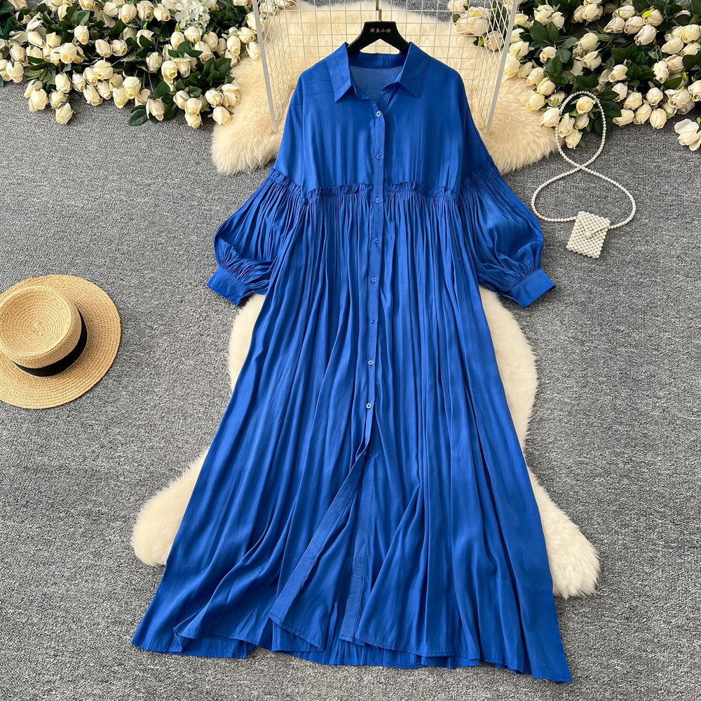 Vintage-inspired casual dress for women - spring  collection: pleated lantern sleeve, relaxed fit, single-breasted shirt dress