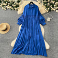 Vintage-inspired casual dress for women - spring  collection: pleated lantern sleeve, relaxed fit, single-breasted shirt dress