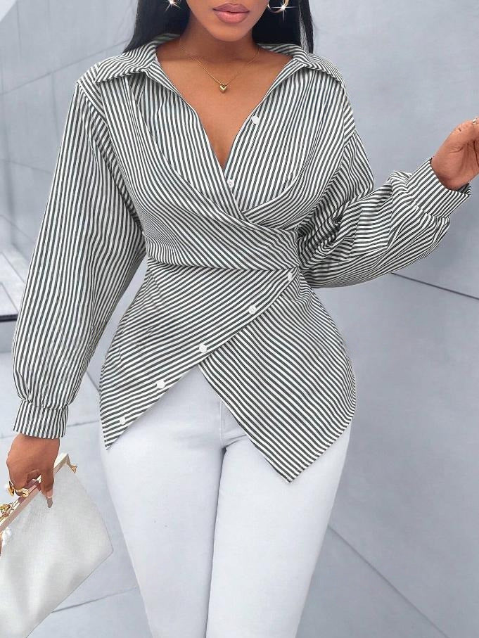 European and american cross-border  hot-selling new spring/summer fashionable sexy versatile striped long-sleeved women's shirt