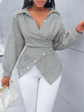 European and american cross-border  hot-selling new spring/summer fashionable sexy versatile striped long-sleeved women's shirt
