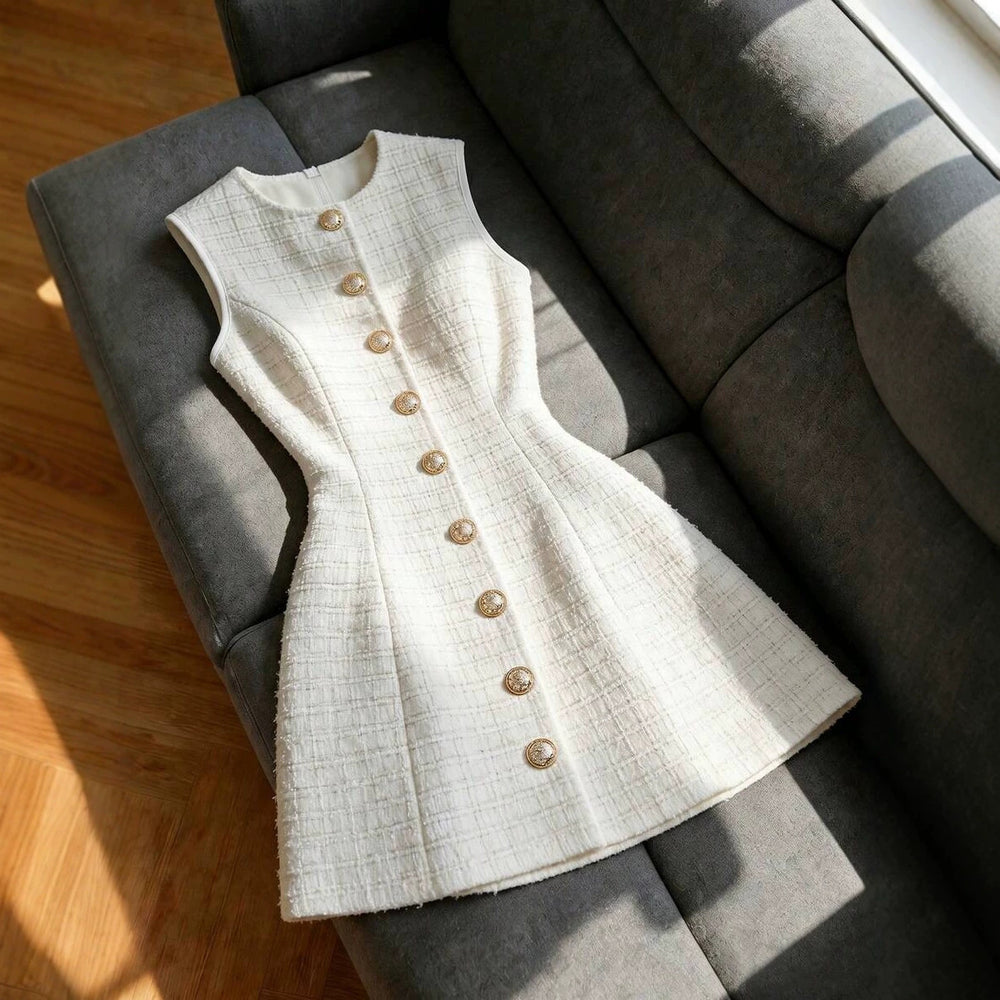 european and american cross-border new arrival: fitted, round neck, sleeveless knitted mini dress with a chanel-inspired aesthetic