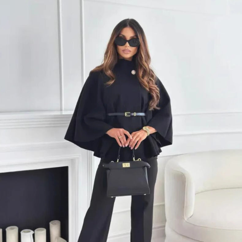 fashion women's winter elegant solid color waist-cinching tie-up wool blend cape coat