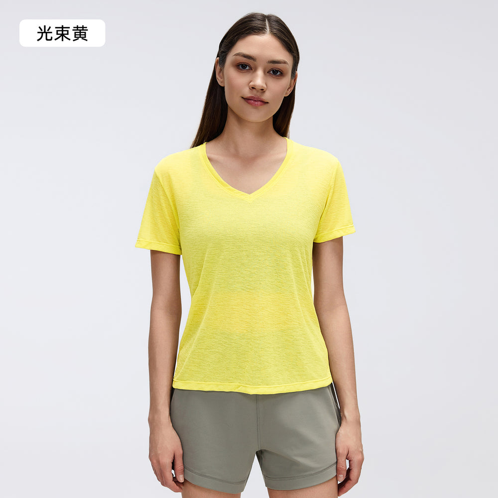 Summer v-neck bamboo slub lightweight breathable sports t-shirt women's running fitness short sleeve yoga top d26098