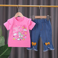 wholesale children's clothing: new girls' summer outfit set - unicorn print short-sleeve t-shirt & soft denim shorts - in stock