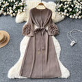 European and american fashion 3d floral flared sleeve tie-waist pleated maxi dress - slimming, elegant, and flowy