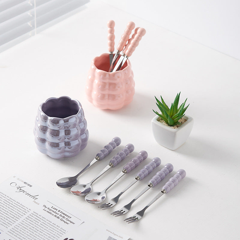 Influencer-approved creamy fruit fork set: electroplated, luxe storage jar, high-value coffee table decor, fruit picks