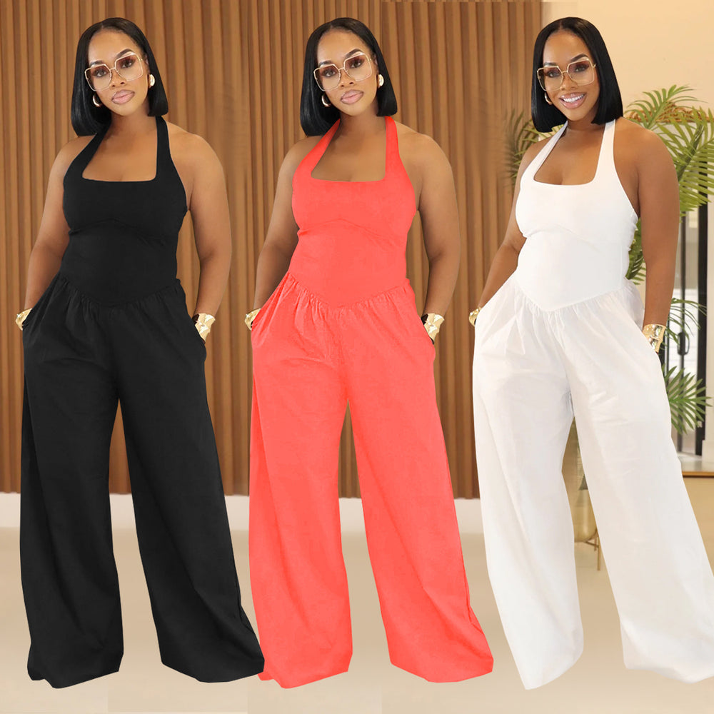 C7390 cross-border   fashion women's casual loose backless halter solid color jumpsuit