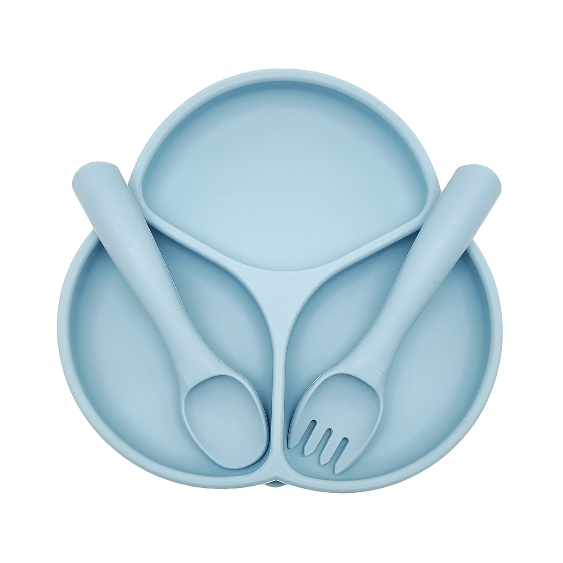 Food-grade silicone fork and spoon set, simple flower three-grid plate, non-slip silicone fork and spoon plate two-piece set