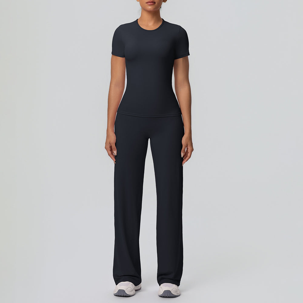 Cloud-feel outdoor casual sports short-sleeve yoga set - high-waisted, butt-lifting, straight-leg, wide-leg, quick-dry running & fitness outfit