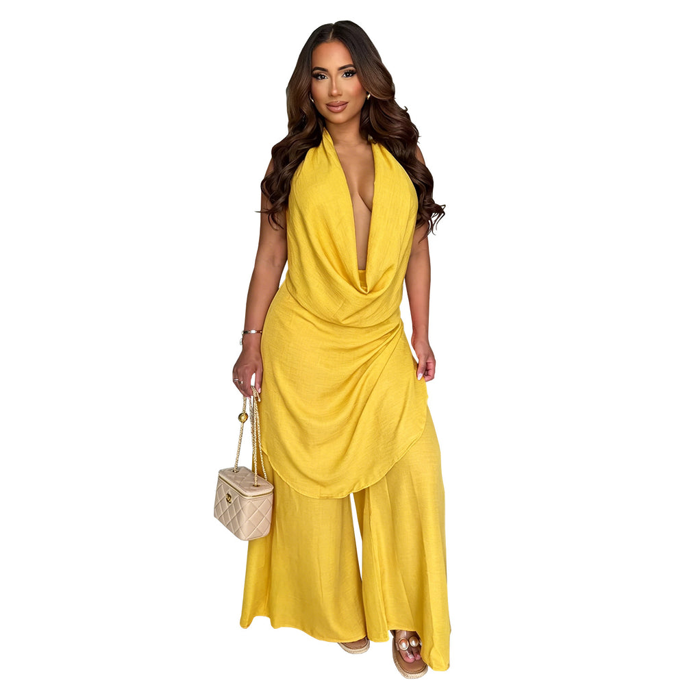 C7785 cross-border  new women's halter deep v-neck solid color loose drape wide-leg pants vacation casual set