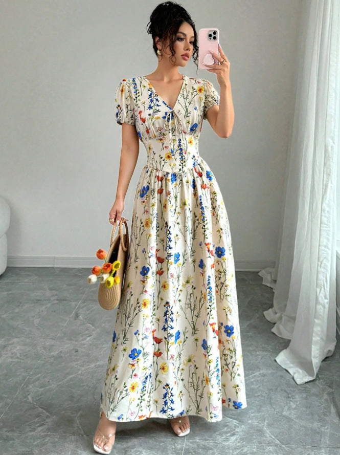 summer cross-border european and american style printed v-neck elegant dress