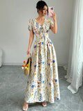 summer cross-border european and american style printed v-neck elegant dress