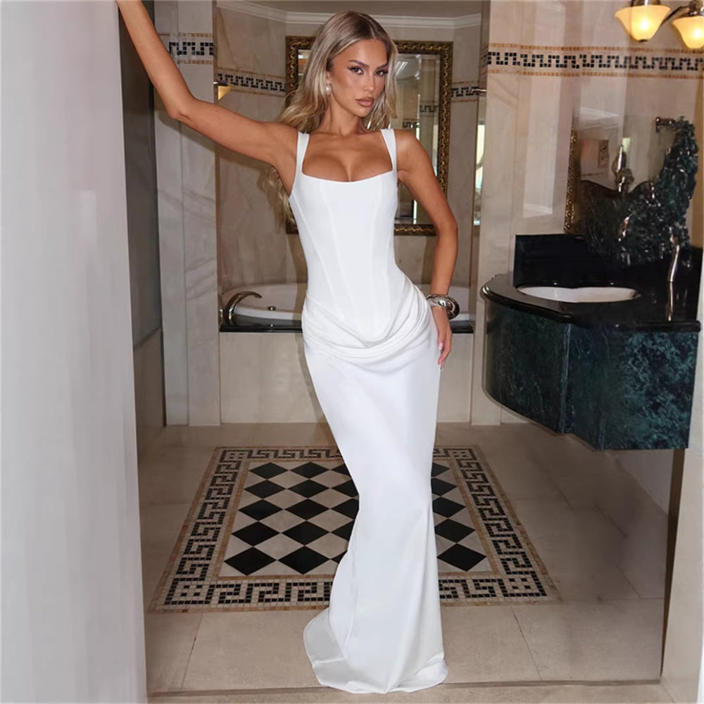 European and american style  spring new arrival: solid color fashion square neck sleeveless slim-fit patchwork ruched bodycon dress
