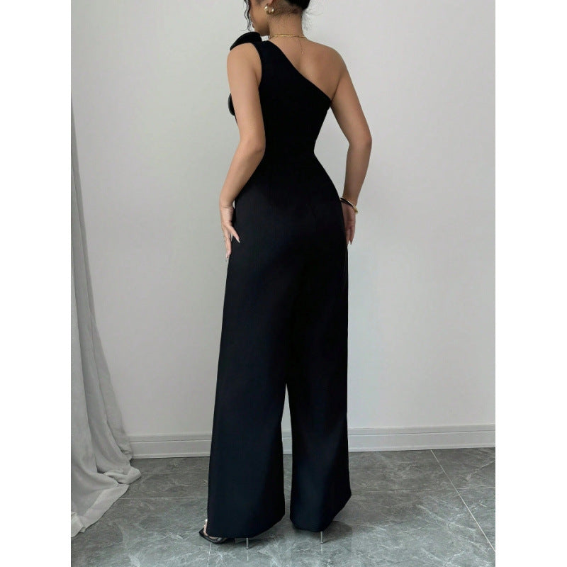 Women's one-shoulder jumpsuit with 3d floral appliqué, sleeveless wide-leg formal party romper