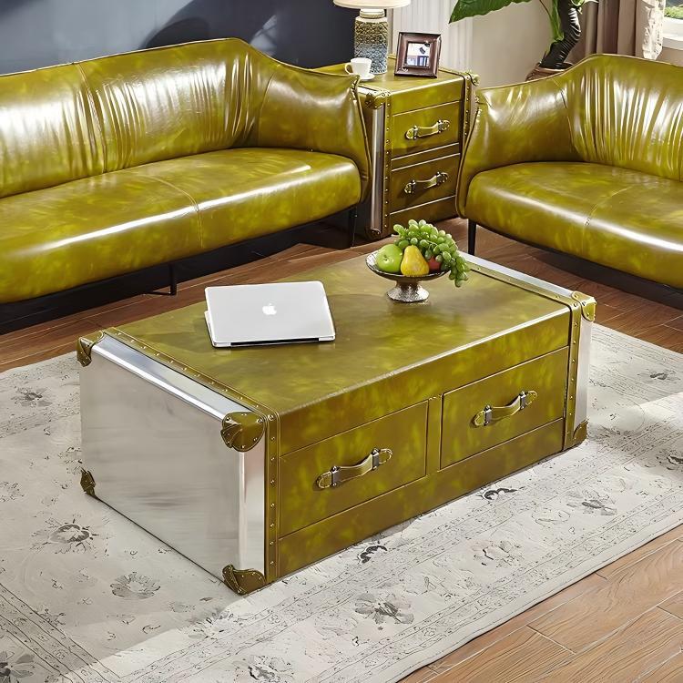 American retro coffee table and side table set - metal aluminum, genuine leather, industrial style for office, cafe, or cigar shop