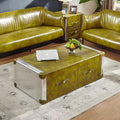 American retro coffee table and side table set - metal aluminum, genuine leather, industrial style for office, cafe, or cigar shop