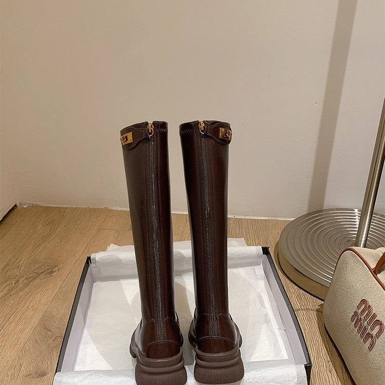 Petites thick heel boots women's thick round toe small gold buckle knee high knight boots boots 2025 brown black waterproof