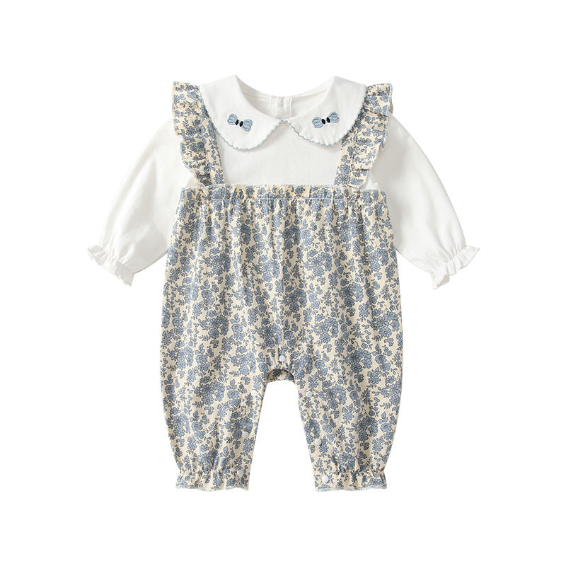spring/autumn newborn baby girl romper - floral print bodysuit, faux two-piece, korean style long sleeve spring collection