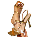 Women's gold square-toe heeled sandals - comfortable, stylish, and perfect for parties and gatherings