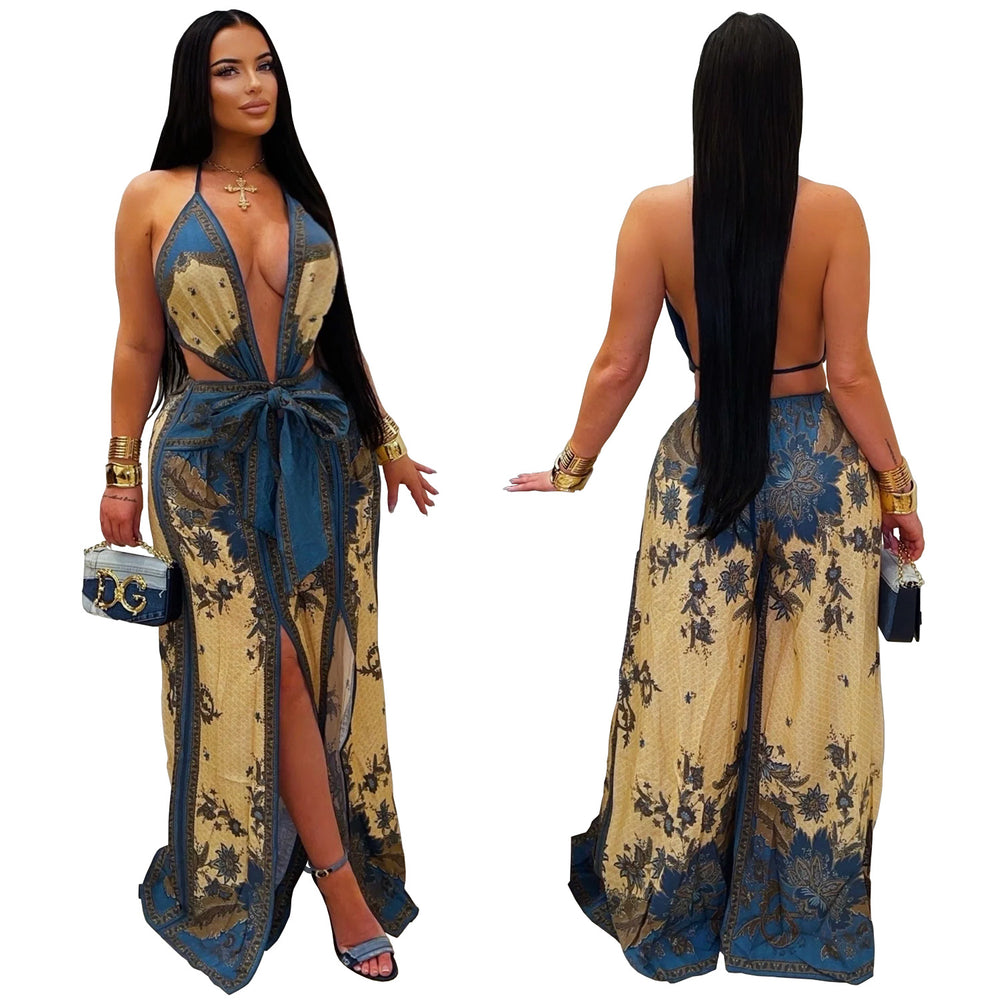 C7772 cross-border  new women's retro print deep v waist tie-up slit wide leg vacation style jumpsuit