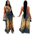 C7772 cross-border  new women's retro print deep v waist tie-up slit wide leg vacation style jumpsuit