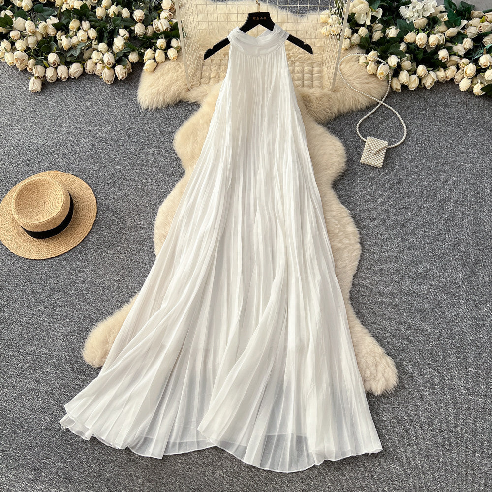 Vacation style halter sleeveless pleated dress women's springk-style heavy industry pleated high waist a-line large swing long skirt