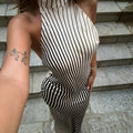 European and american style cross-border black and white design women's sleeveless sexy bodycon dress with high neck, open back, and gradient color