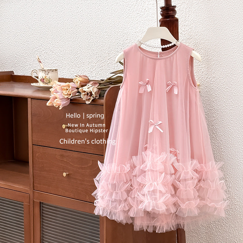 Girls' princess dress  new arrival: ethereal sleeveless summer mesh dress with bow detail