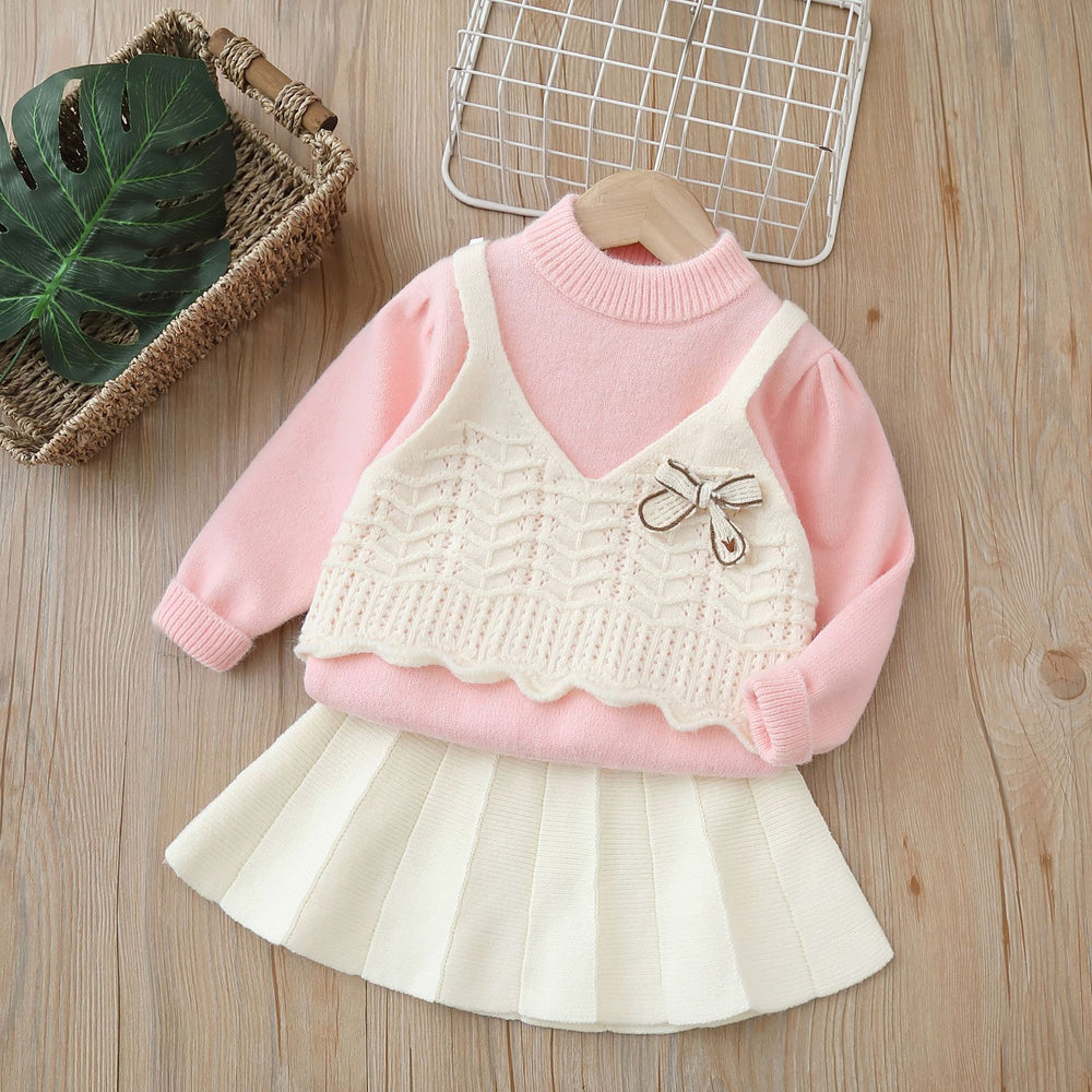Girls' knitted sweater two-piece set -  autumn/winter new collection - bowknot cardigan and knit sweater outfit for little girls