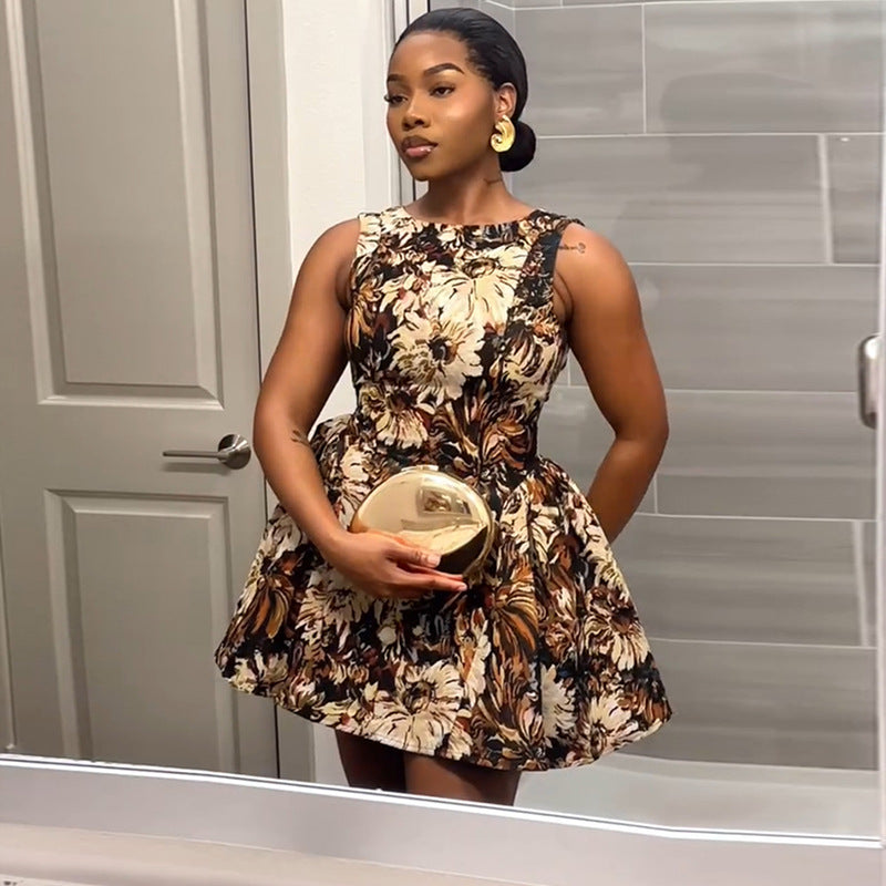 European and american cross-border women's fashion  summer new arrival: elegant round neck printed high-waisted a-line sleeveless mini dress