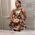 European and american cross-border women's fashion  summer new arrival: elegant round neck printed high-waisted a-line sleeveless mini dress