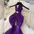 Atmosphere halterdress feminine cut out cross halter strap waist drape backless pleated long skirt