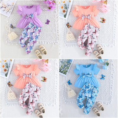 exclusive supply—new summer baby girl flying sleeve solid color top + butterfly print trousers two-piece set