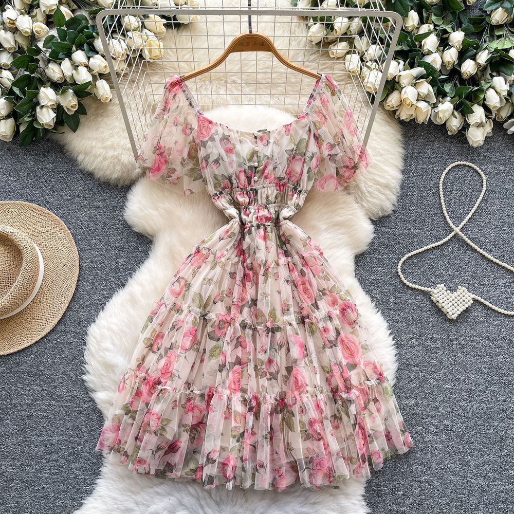 Dopamine dress: square neck, bubble sleeves, floral print, summer mesh overlay with ruffle trim - sweet & stunning