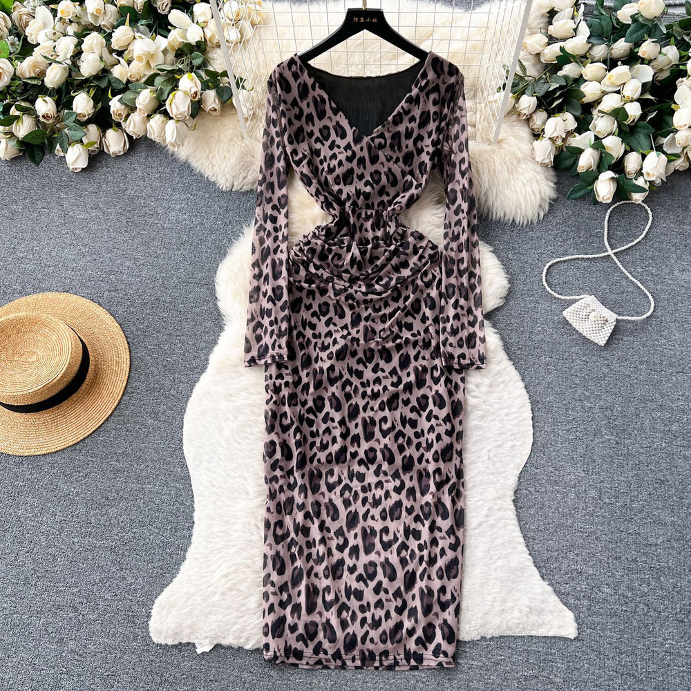 Frenchclassy long sleevesv neck tie dye printing mesh dress women's autum thin tight slimming look hip skirt