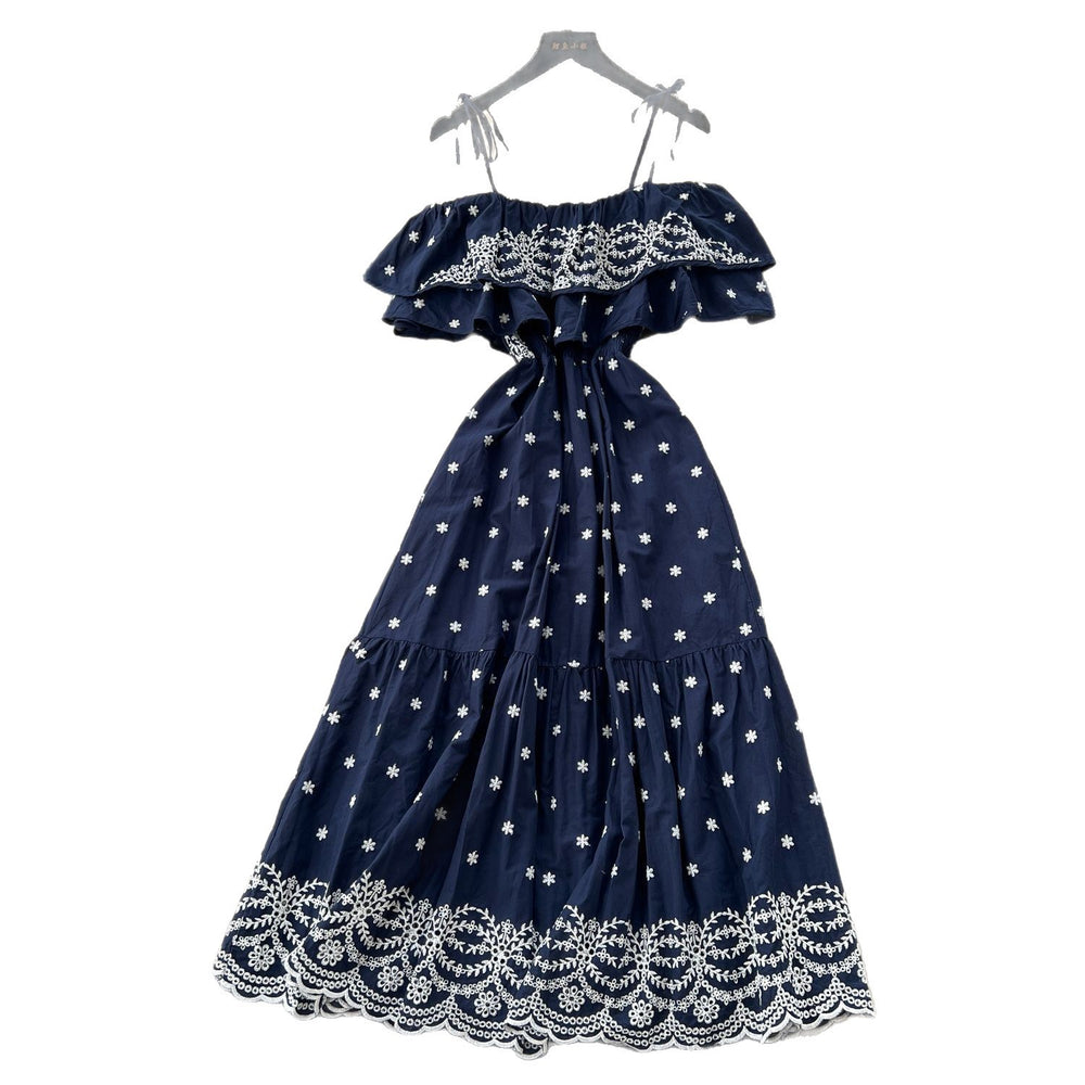 French gentle style one shoulder suspender rufflespatchworkdress women's waist elegant cut outembroiderlong skirt