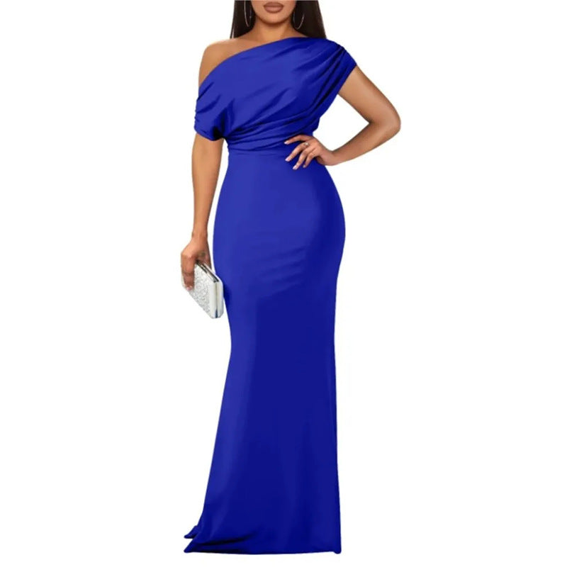 cross-border e-commerce dress: new summer women's fashionable one-shoulder solid color pleated waist dress