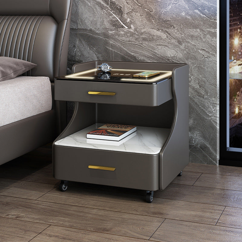 Italian smart bedside table minimalist modern leather bedroom wireless charging popular minimalist storage cabinet high-end rock slab