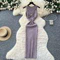 Goddess-style sense of design, cut out metal buckle, round neck, sleeveless dress, women's silmslimming lookelegant hip skirt