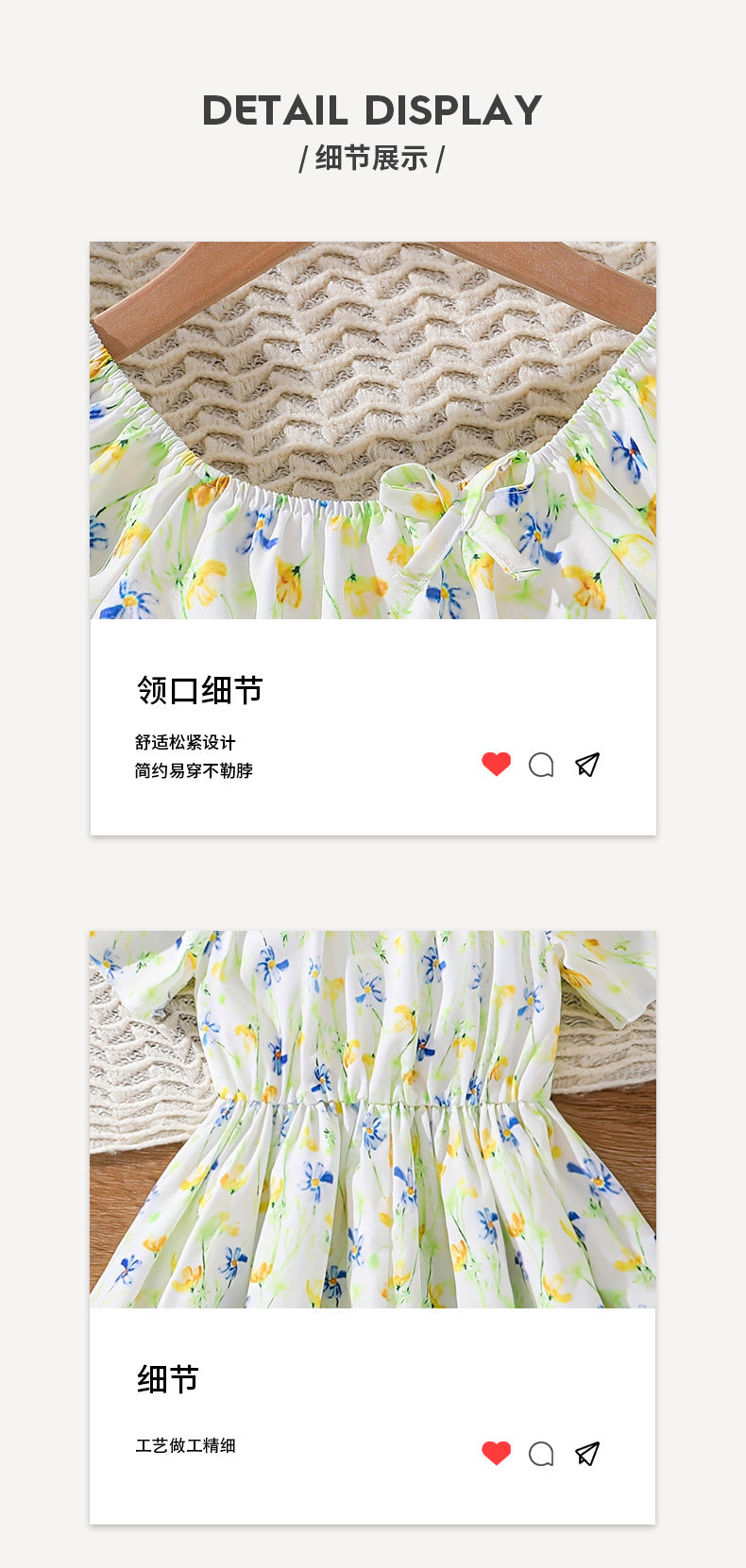 Summer girls' dress for export - light yellow floral print, round neck, bow accent, cute pleated princess skirt