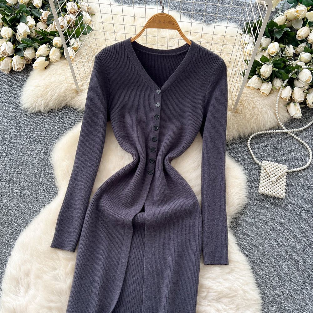 Korean style minimalist v-neck single-breasted slit knit dress - women's autumn outerwear, slim-fit, long-sleeve cover-up dress