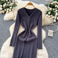 Korean style minimalist v-neck single-breasted slit knit dress - women's autumn outerwear, slim-fit, long-sleeve cover-up dress