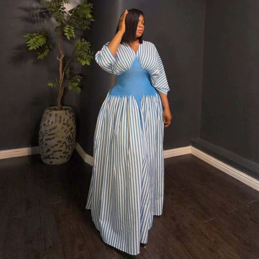 European and american cross-border women's clothing:  summer new arrival - elegant, high-end striped pleated waist-defining long a-line dress