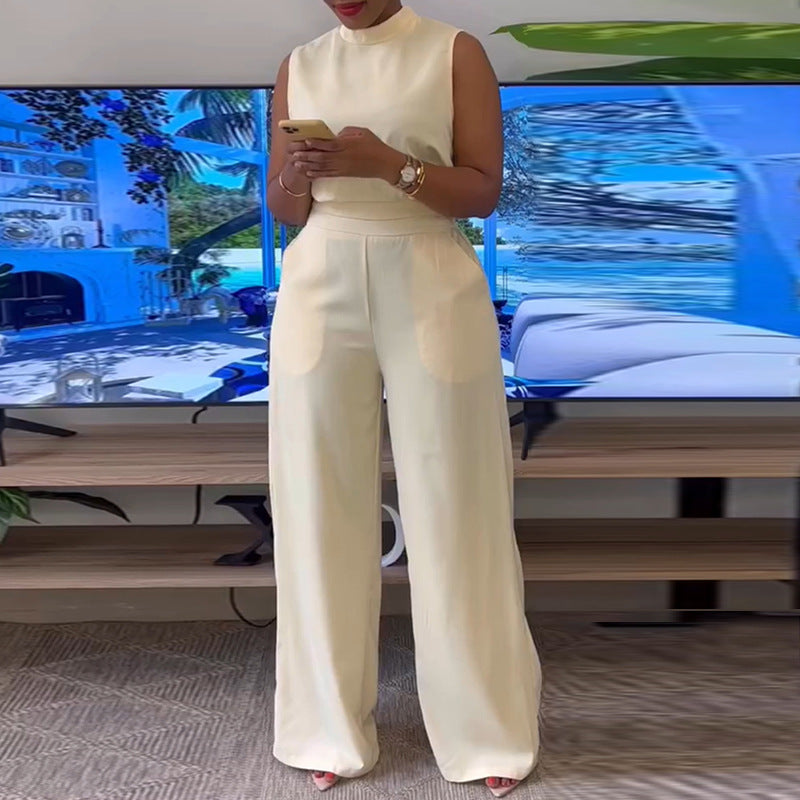 European and American  women's clothing 2025 summer new semi-turtleneck sleeveless top high waist wide leg trousers casual suit