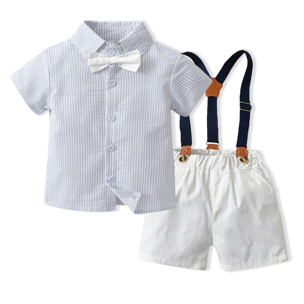 Wholesale children's clothing direct from the manufacturer: boys' preppy-style short-sleeved plaid shirt and suspender shorts set, dropshipping available