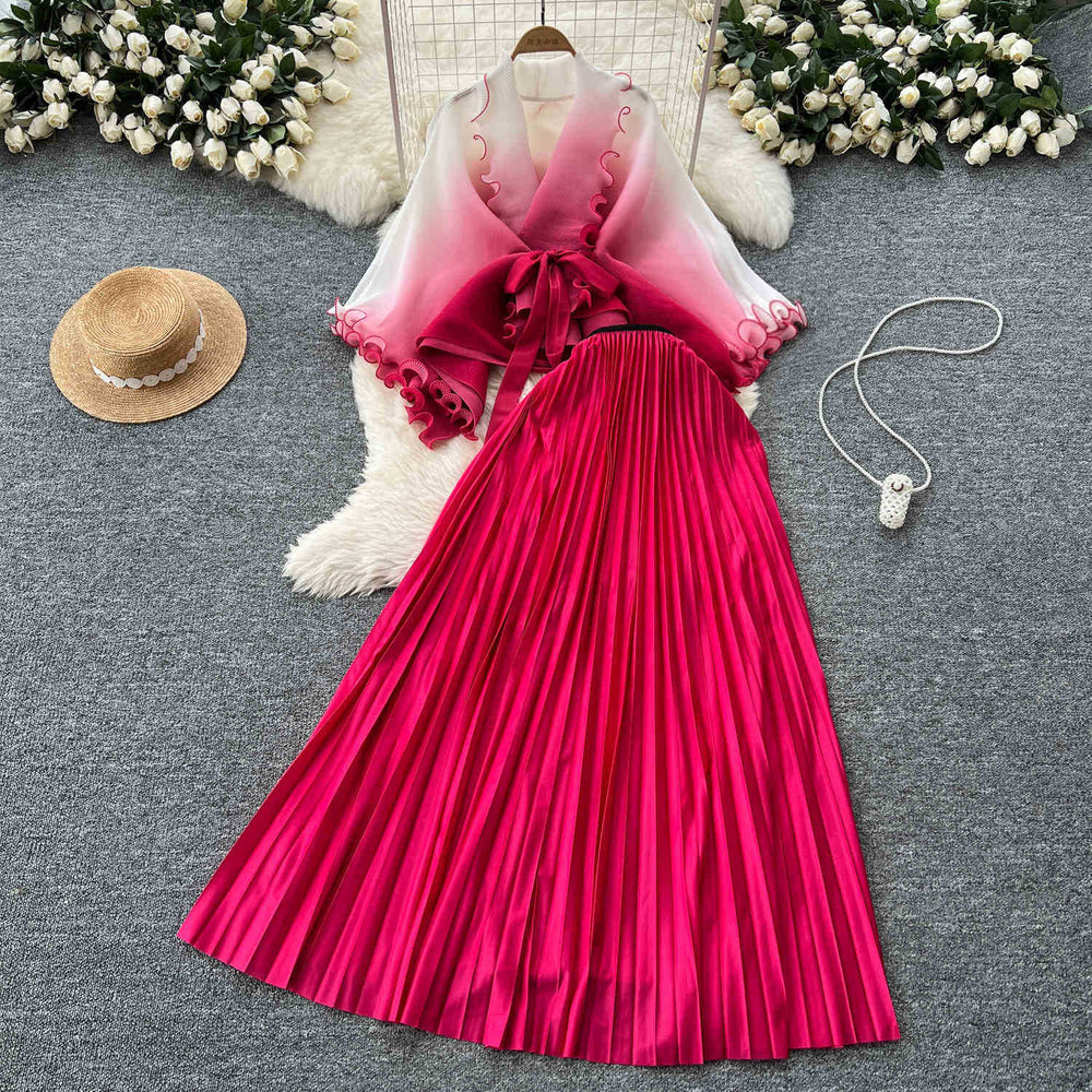 Fashion pleated suit women's strappy waist gradient color pressed pleated cardigantopshigh waistpleated skirttwo-piece set
