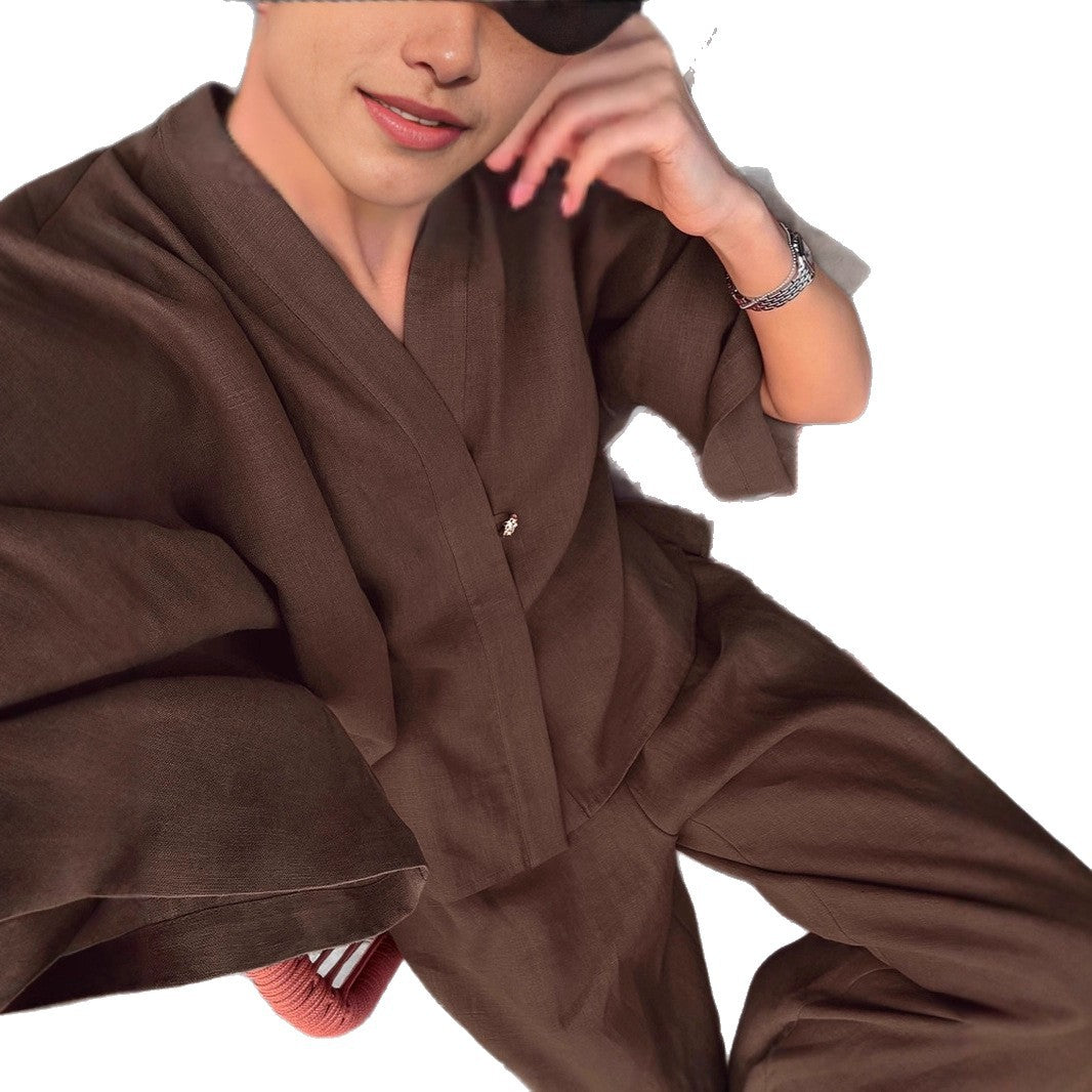 European and American  fashion loose brown cotton and linen suit women's 2025 autumn simple cardigan trousers two-piece women's clothing