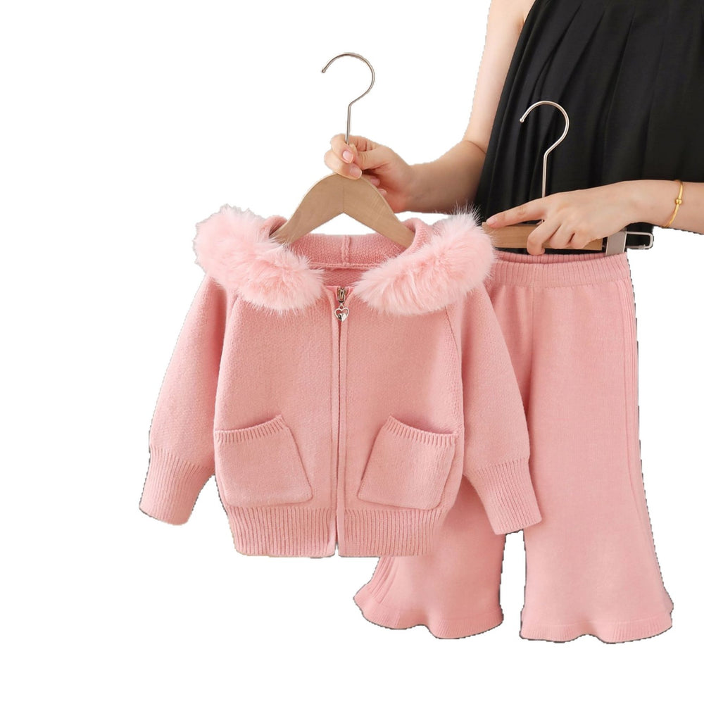 Kidssweaterfall and winter large fur collar hooded knittingcardigancasual lazy style pure color double flap pocket pantsloosesuit