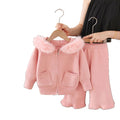 Kidssweaterfall and winter large fur collar hooded knittingcardigancasual lazy style pure color double flap pocket pantsloosesuit
